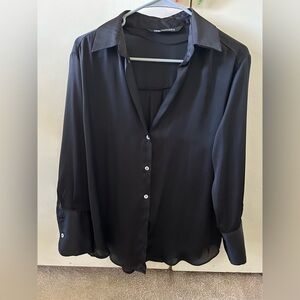 Zara Black Satin Button-Down Blouse